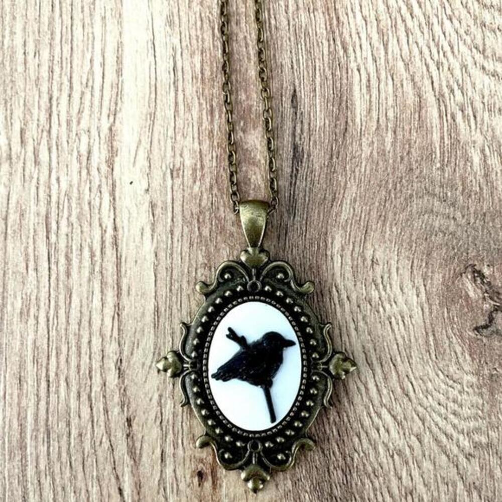Black and White Raven Victorian Style Cameo Necklace